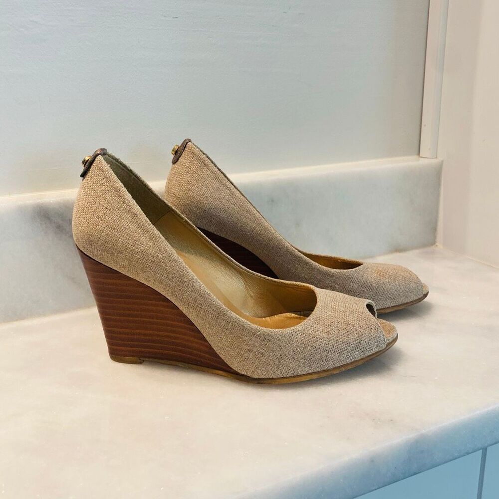 Stuart Weitzman Lille Linen Peep Toe Slip On Stacked Wedge Heels Beige Size 7M